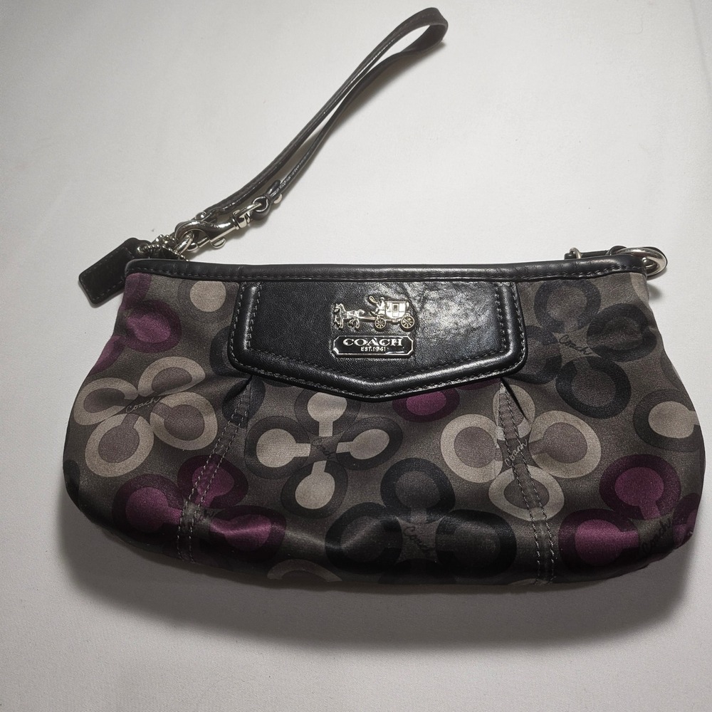 Coach Madison Signature C Wristlet Grey Plum Purple Sateen Leather Trim Bag